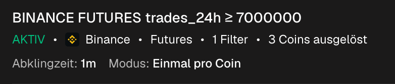 Ein komplexer Alarm in der Liste nach dem Auslösen: die Filterzusammenfassung, 2 Coins ausgelöst, Cooldown und Modus