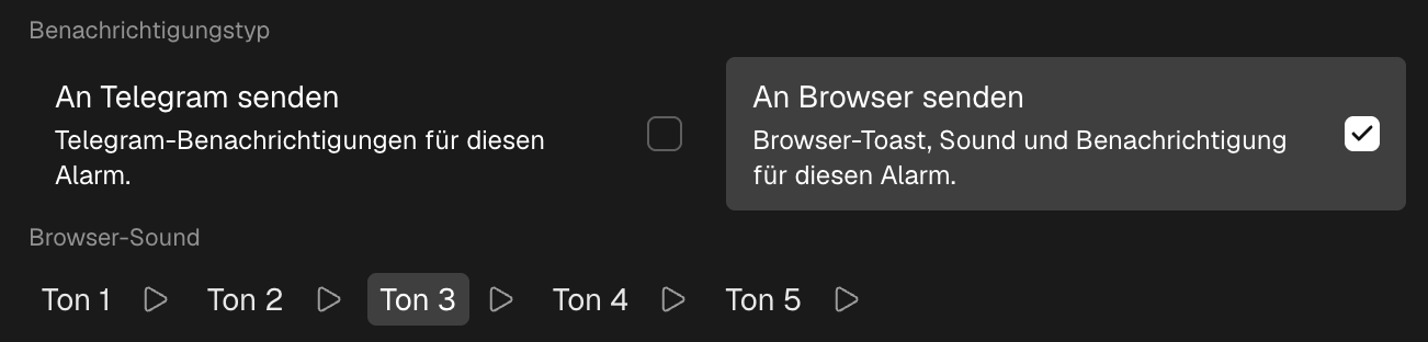 Der Block Benachrichtigungstyp des Formulars: An Browser senden mit der Tonauswahl und An Telegram senden