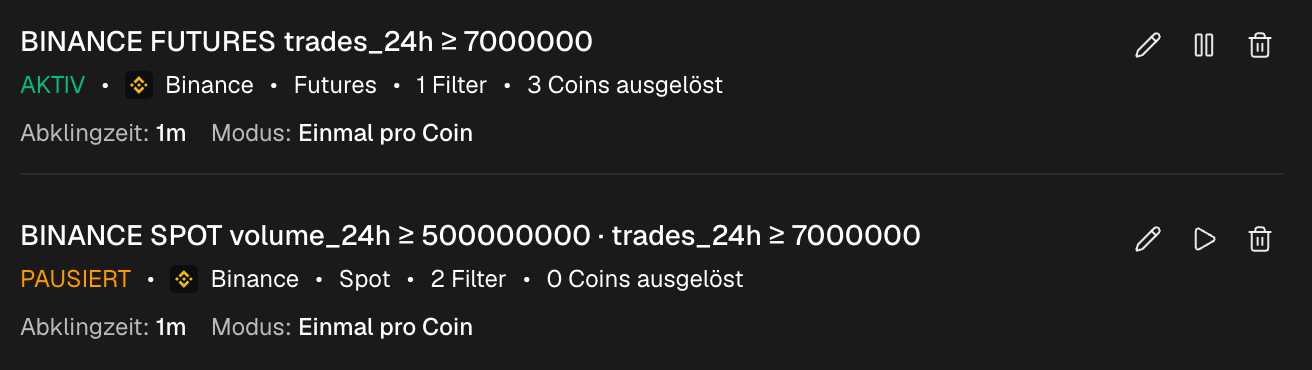 Die Liste Komplexe Alarme mit zwei Alarmen, ihren Filterzusammenfassungen, Modus und Cooldown und den Aktionen Pausieren, Bearbeiten und Löschen