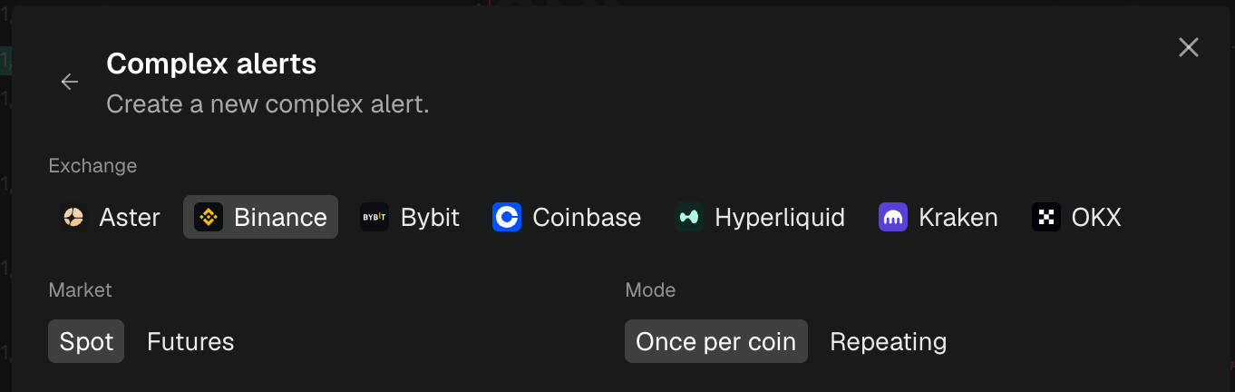 The top of the create form with the exchange and the market selected