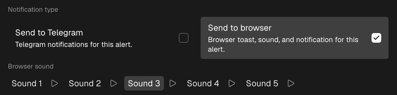 The notification type block of the form: Send to browser with the sound picker, and Send to Telegram