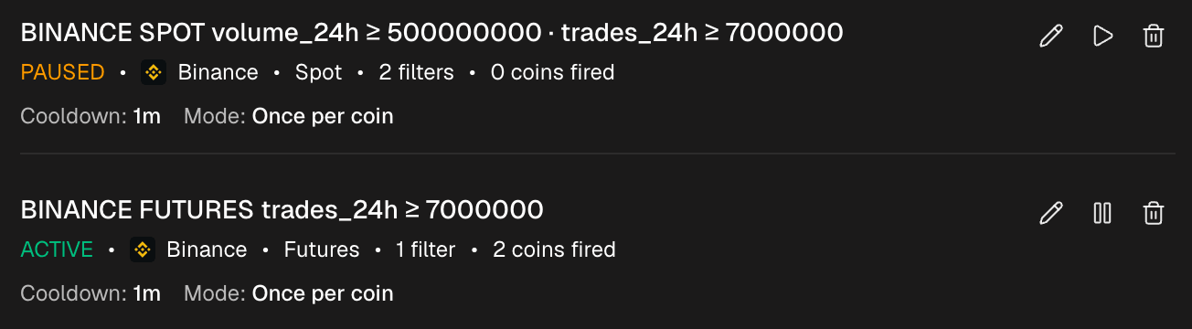 The Complex alerts list with two alerts, their filter summaries, mode and cooldown, and the pause, edit and delete actions