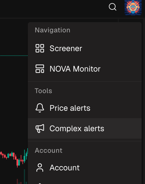 The user menu open with the Complex alerts item highlighted