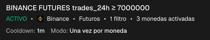 Una alerta compleja en la lista tras dispararse: el resumen de filtros, 2 monedas disparadas, el tiempo de espera y el modo