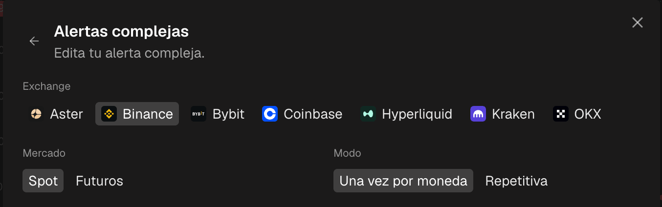 La parte superior del formulario de creación con el exchange y el mercado seleccionados