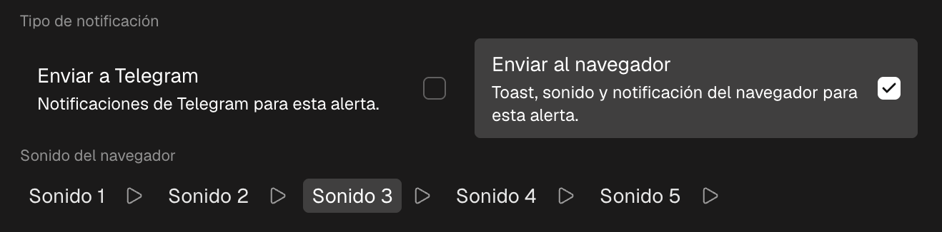 El bloque de tipo de notificación del formulario: Enviar al navegador con el selector de sonido y Enviar a Telegram