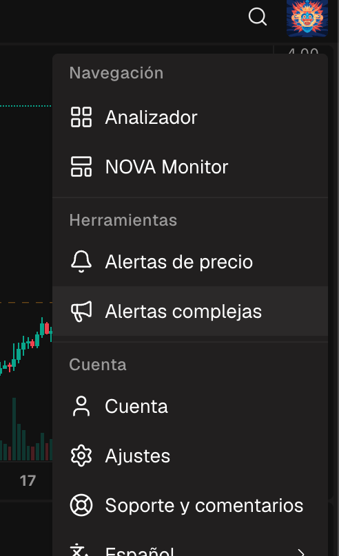 El menú de usuario abierto con la opción Alertas complejas resaltada