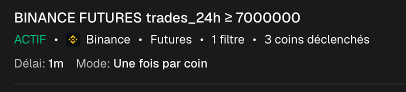 Une alerte complexe dans la liste après déclenchement : le résumé des filtres, 2 cryptos déclenchées, le délai et le mode