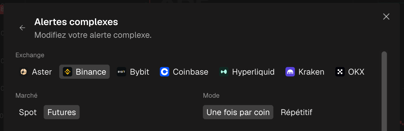 Le haut du formulaire de création avec l'exchange et le marché sélectionnés