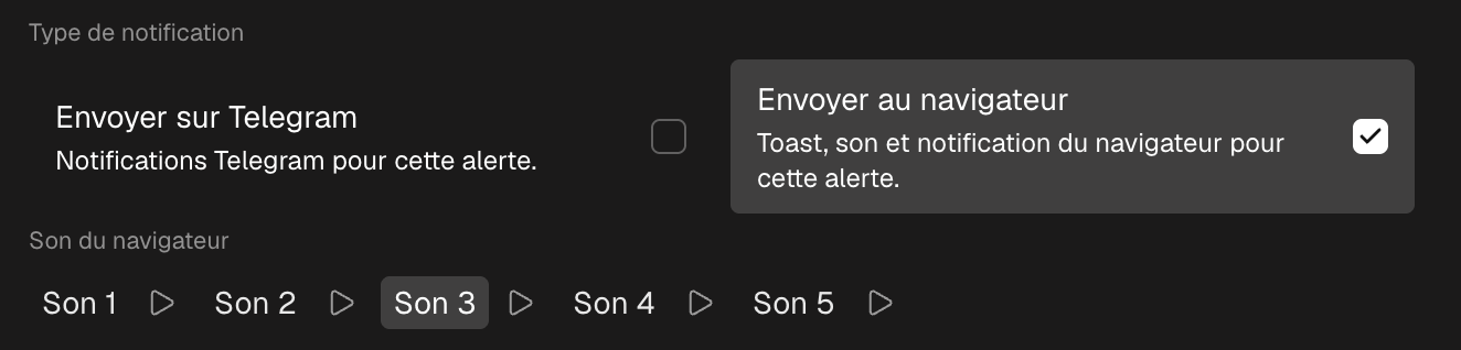 Le bloc du type de notification dans le formulaire : Envoyer au navigateur avec le choix du son, et Envoyer à Telegram