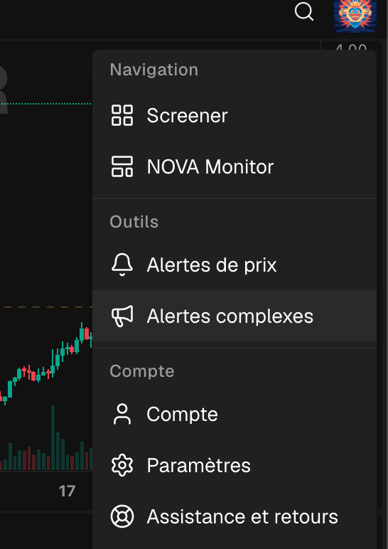 Le menu utilisateur ouvert avec l'entrée Alertes complexes mise en avant