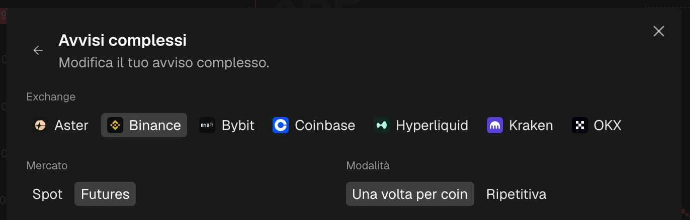 La parte alta del modulo di creazione con exchange e mercato selezionati