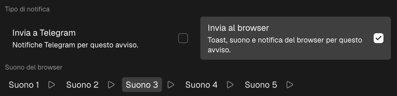 Il blocco del tipo di notifica nel modulo: Invia al browser con la scelta del suono e Invia a Telegram