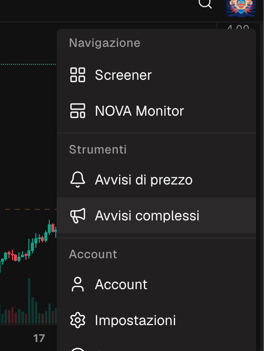 Il menu utente aperto con la voce Avvisi complessi evidenziata