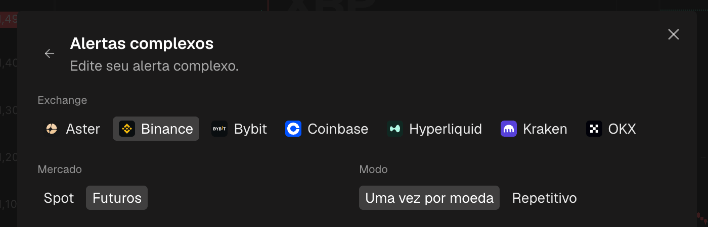 A parte de cima do formulário de criação com a exchange e o mercado selecionados