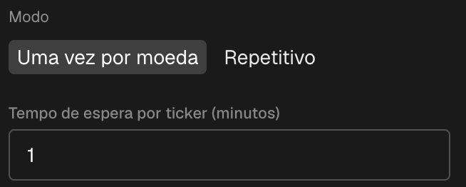 O bloco de modo do formulário: Uma vez por moeda e Repetido, com o campo de intervalo por ticker