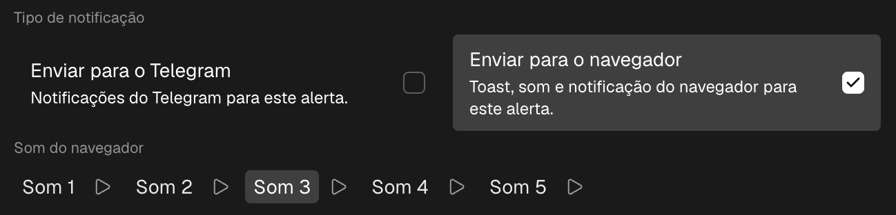 O bloco de tipo de notificação do formulário: Enviar para o navegador com o seletor de som e Enviar para o Telegram