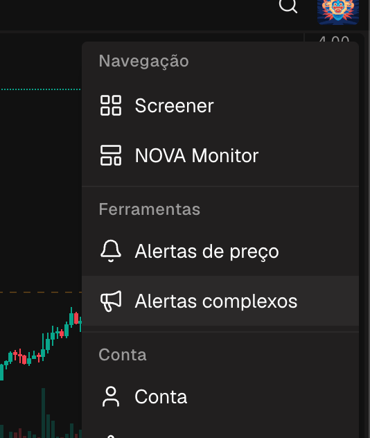 O menu do usuário aberto com o item Alertas complexos em destaque