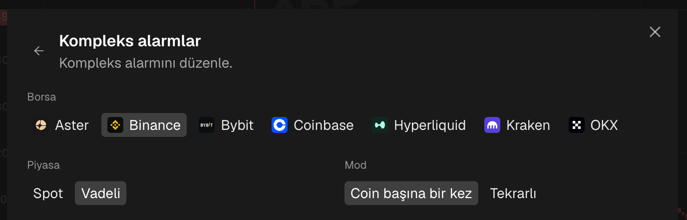 Oluşturma formunun üst kısmı, borsa ve piyasa seçili