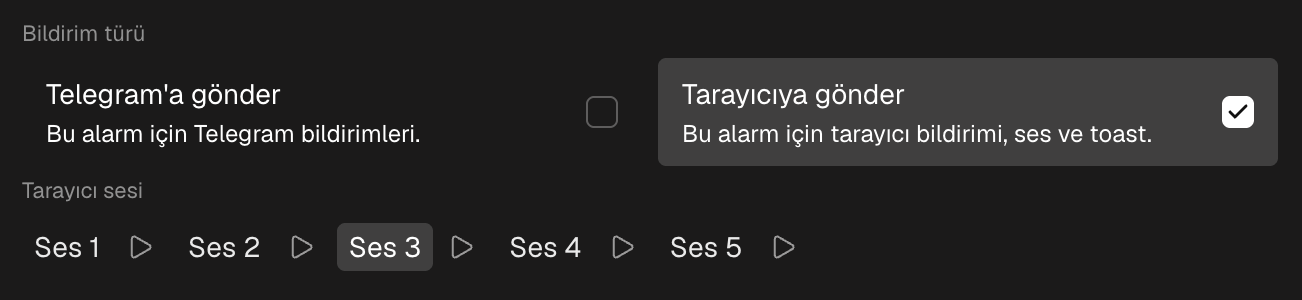 Formun bildirim türü bloğu: ses seçiciyle Tarayıcıya gönder ve Telegram'a gönder