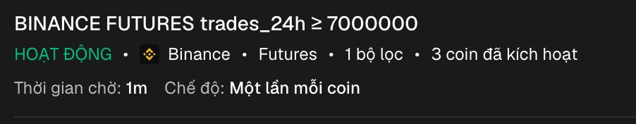 Một cảnh báo phức tạp trong danh sách sau khi kích hoạt: tóm tắt bộ lọc, 2 coin đã kích hoạt, thời gian chờ và chế độ