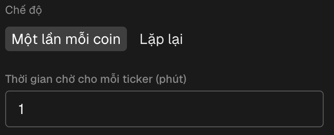 Khối chế độ của biểu mẫu: Một lần mỗi coin và Lặp lại, với ô thời gian chờ mỗi mã