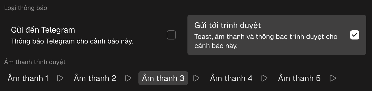 Khối loại thông báo của biểu mẫu: Gửi đến trình duyệt với bộ chọn âm thanh, và Gửi đến Telegram