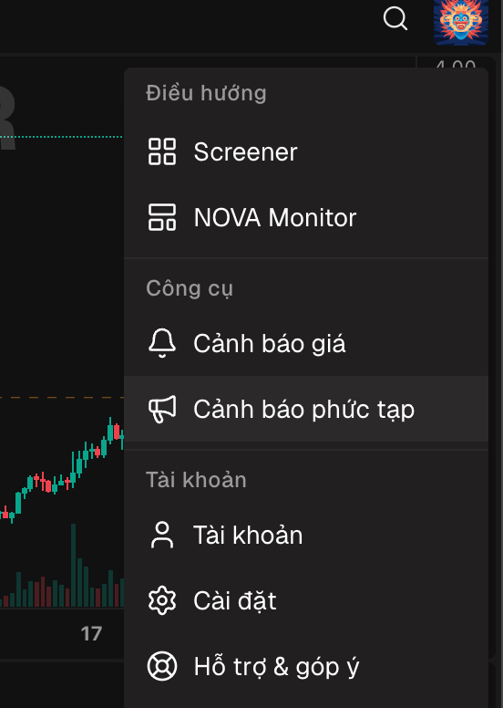 Menu người dùng đang mở với mục Cảnh báo phức tạp được tô sáng