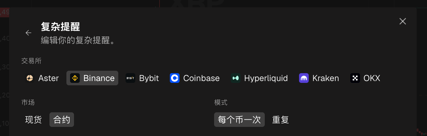 创建表单的顶部,已选择交易所和市场