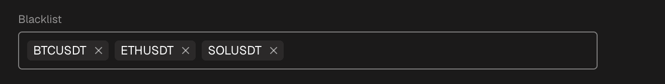 The blacklist field with two or three tickers added as tags