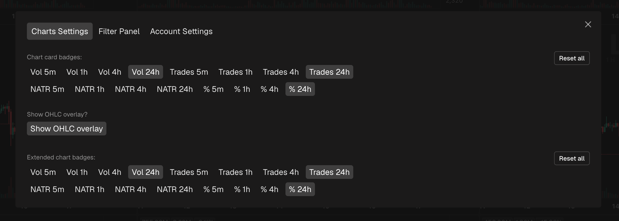 The Charts Settings tab in Settings, with the chart card badges and extended chart badges options