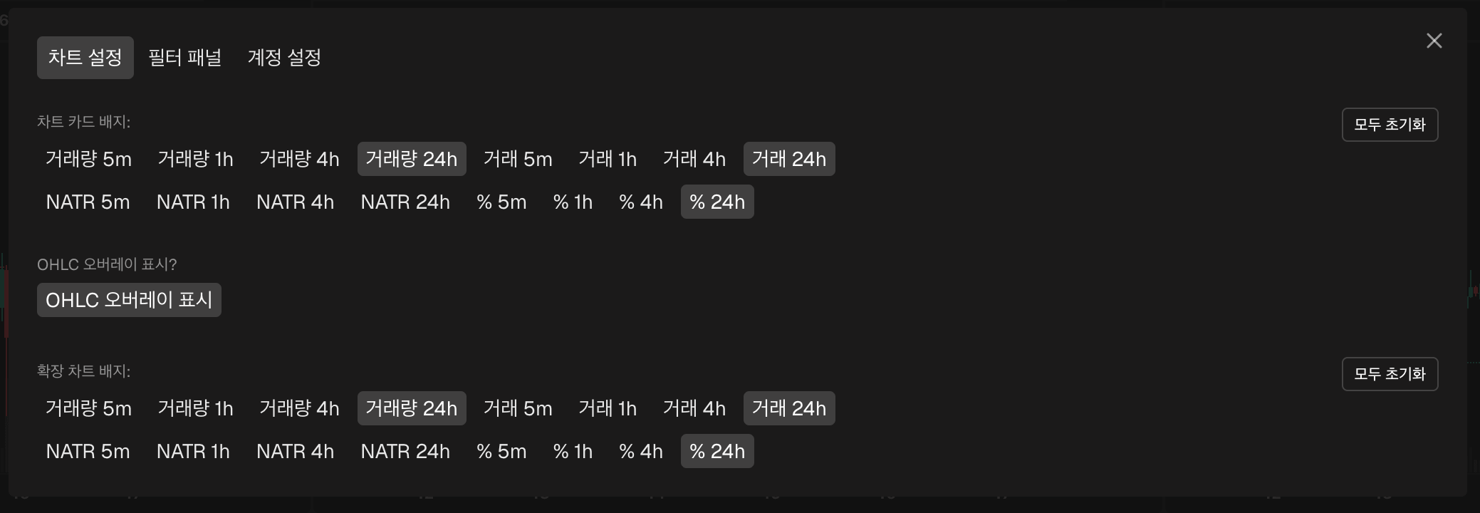 설정의 차트 설정 탭, 차트 카드 배지와 확장 차트 배지 옵션