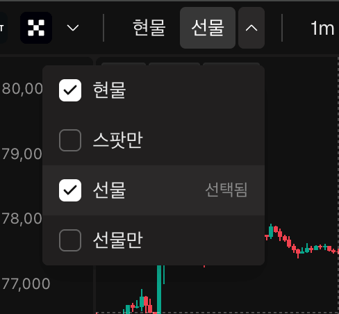 마켓 드롭다운이 열린 모습: 현물, 선물, 현물만, 선물만