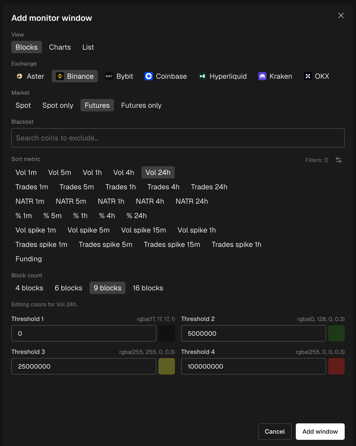 The Add monitor window form: view, exchange, market, timeframe, sort metric and block count
