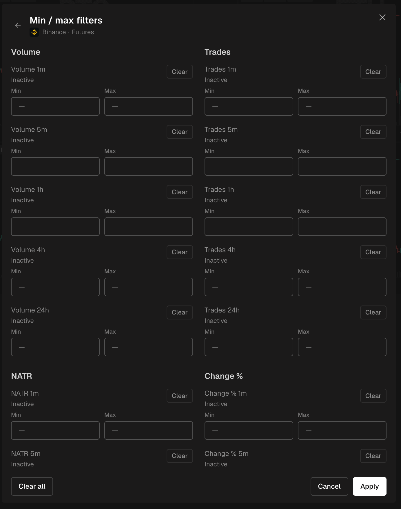 The min and max filters window: every metric with a Min and a Max field, grouped by family