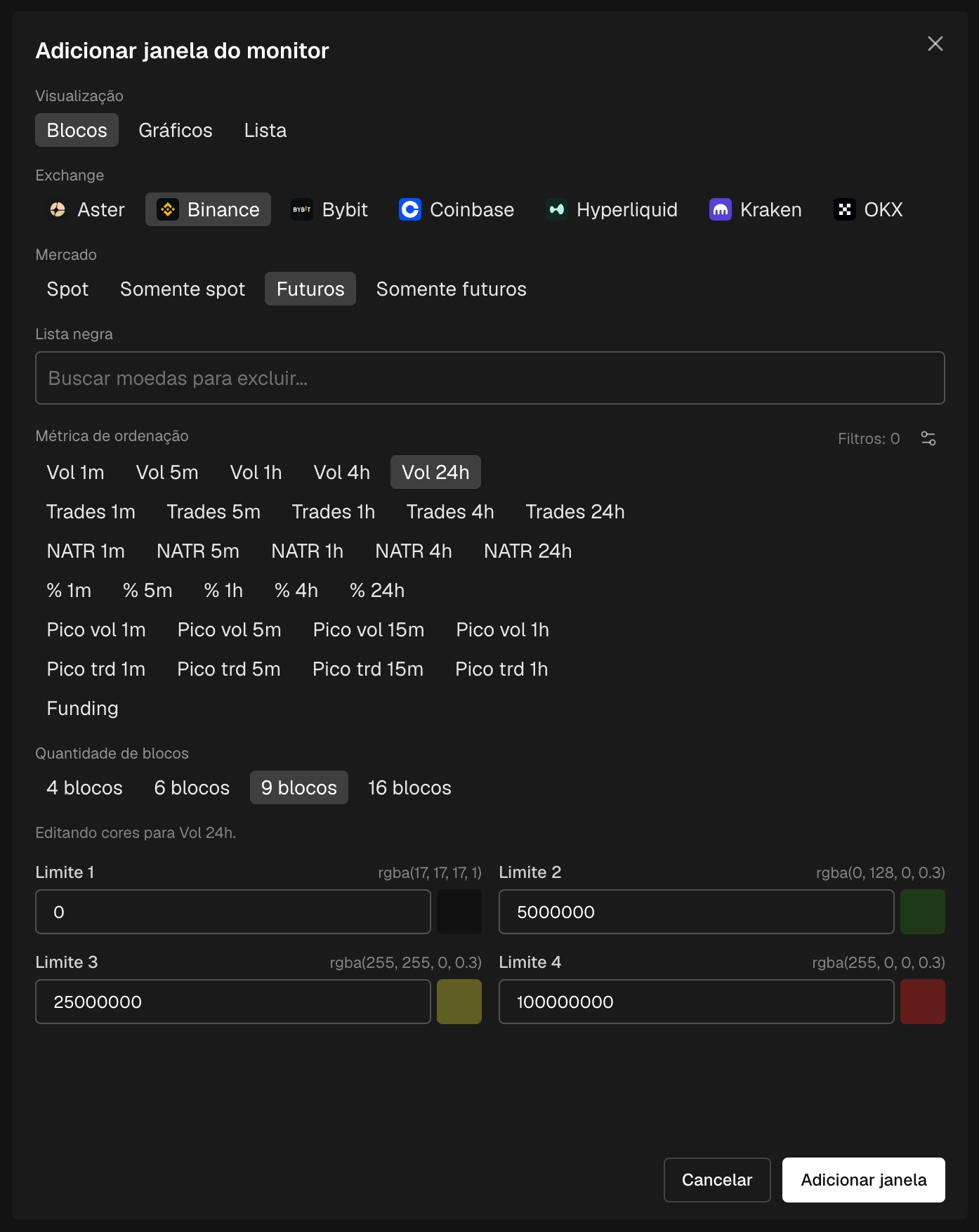 O formulário Adicionar janela do monitor: visão, exchange, mercado, tempo gráfico, métrica de ordenação e quantidade de blocos