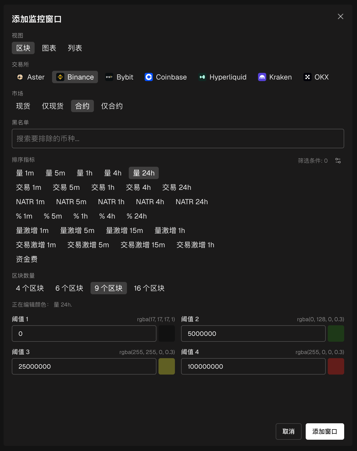 添加监控窗口表单：视图、交易所、市场、时间周期、排序指标和方块数量