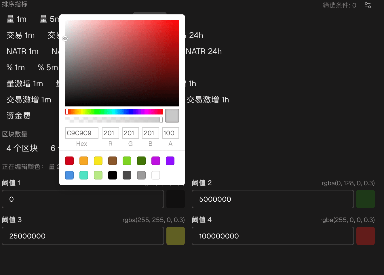 窗口的颜色编辑器：四个阈值及其颜色，颜色选择器已打开
