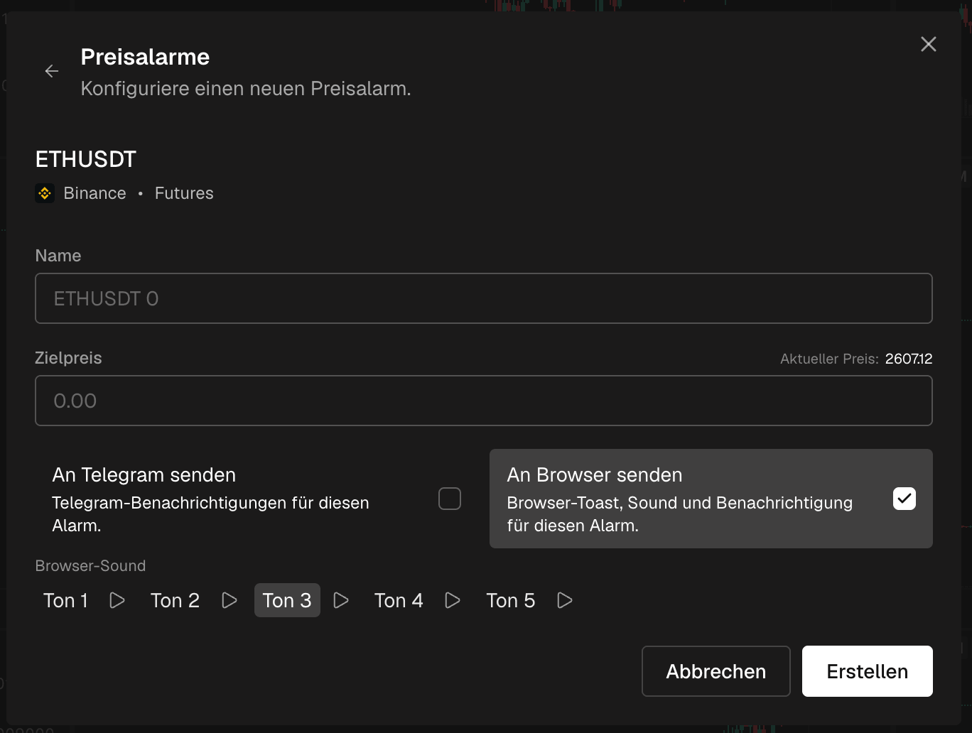 Das Erstellformular: der Coin, ein Name, der Zielpreis mit dem aktuellen Preis daneben und die Benachrichtigungsoptionen