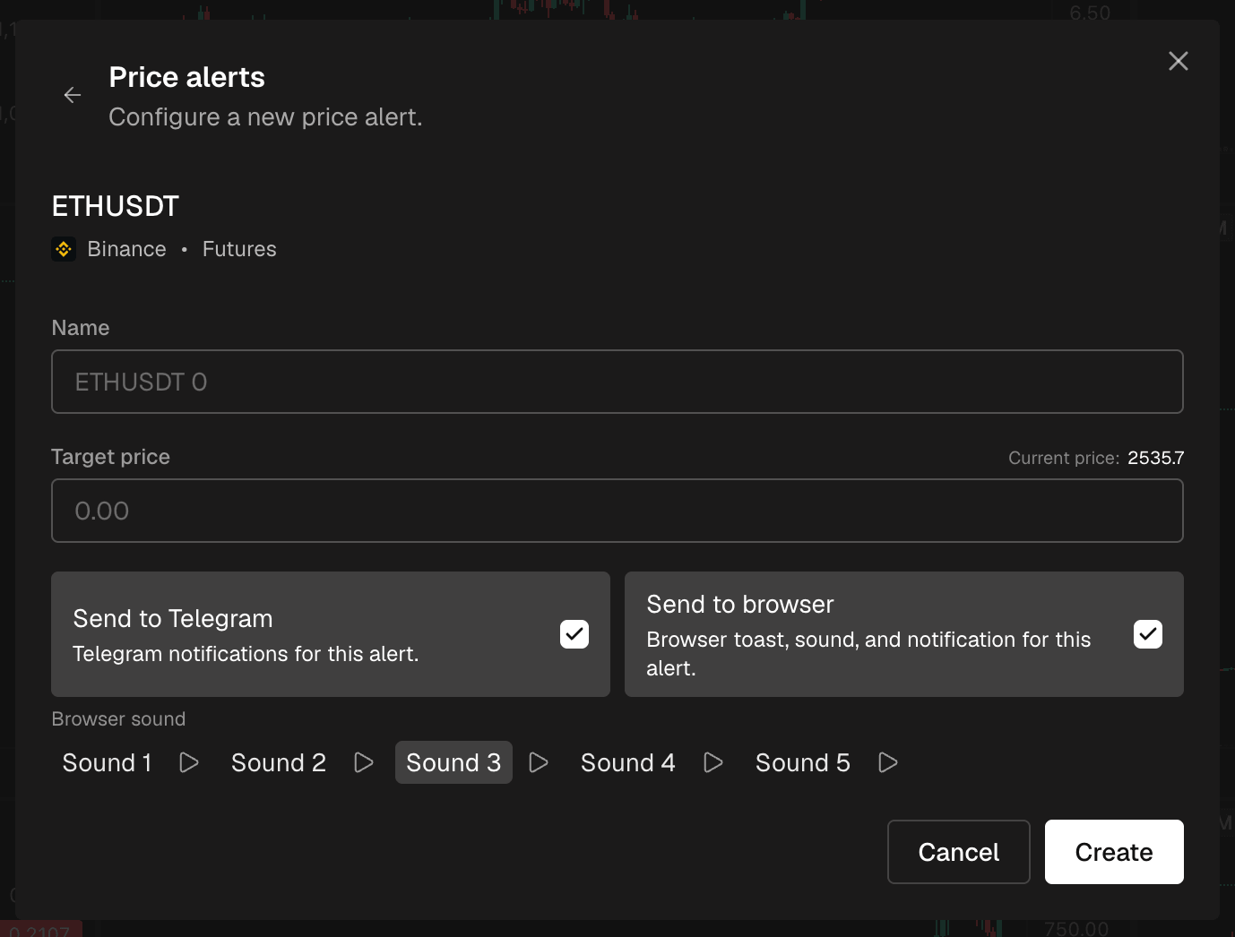 The create form: the coin, a name, the target price with the current price next to it, and the notification options