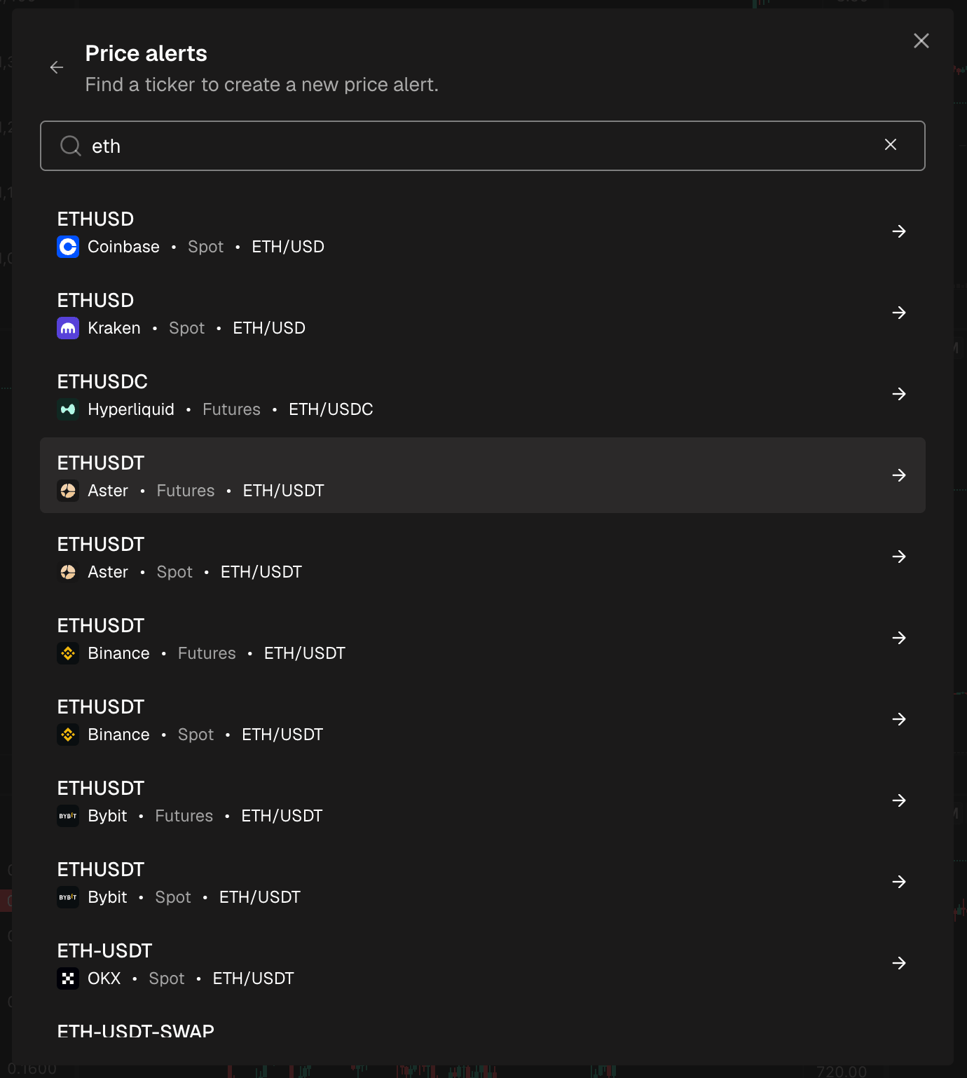 The ticker search inside the Price alerts window, with a few matching coins listed