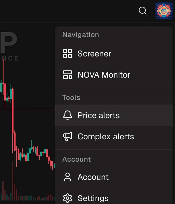 The user menu open with the Price alerts item highlighted