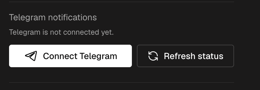 Account settings with the Telegram notifications block and the Connect Telegram button