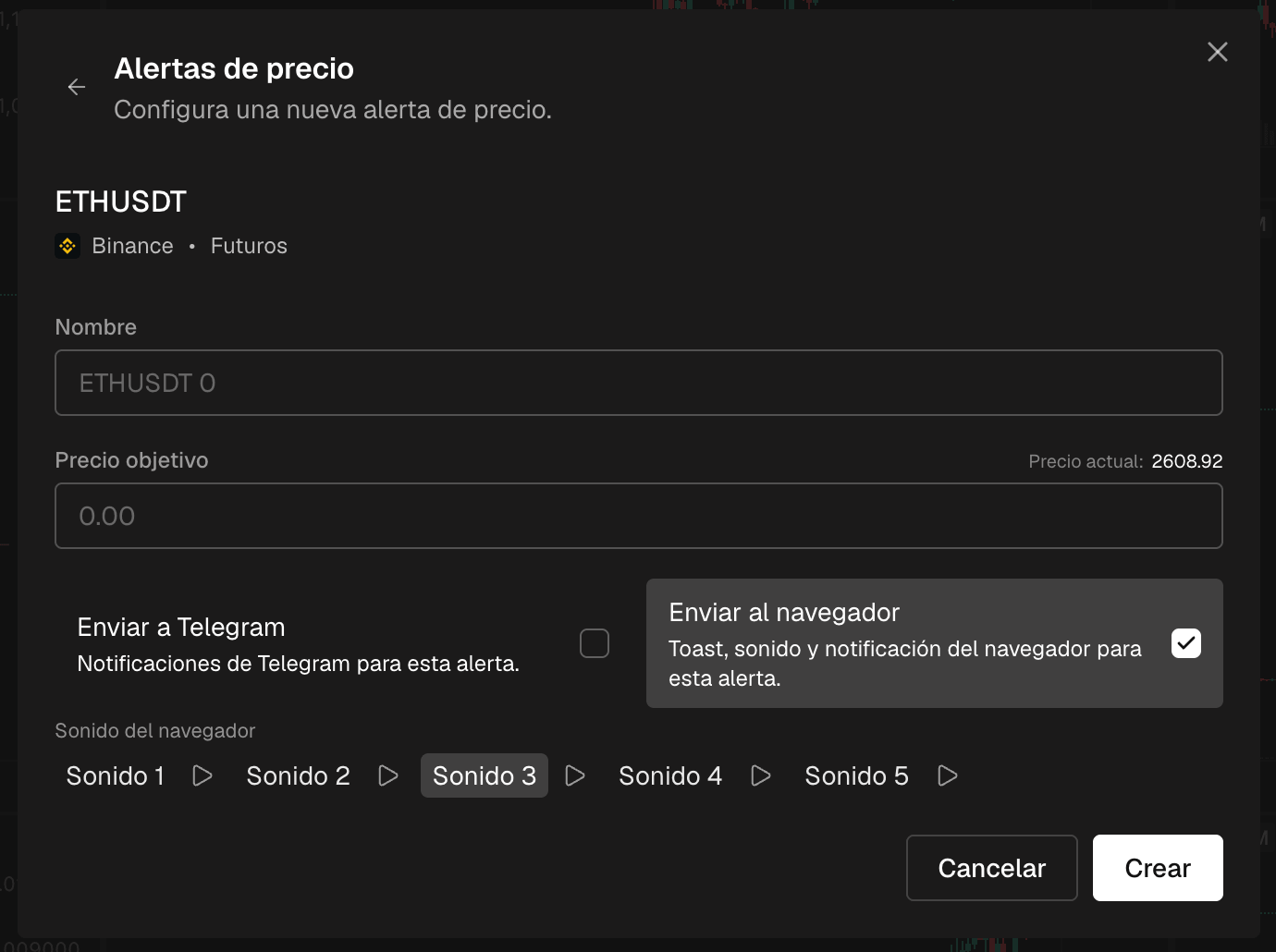 El formulario de creación: la moneda, un nombre, el precio objetivo con el precio actual al lado y las opciones de notificación
