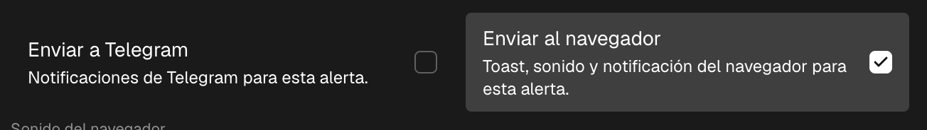 Las opciones de notificación de una alerta: Enviar al navegador con el selector de sonido y Enviar a Telegram