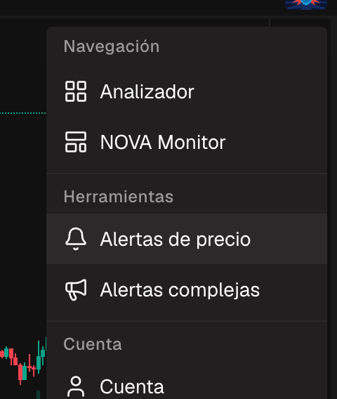 El menú de usuario abierto con la opción Alertas de precio resaltada