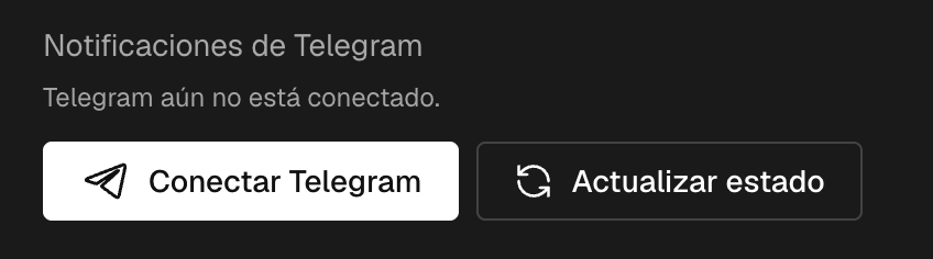Los ajustes de la cuenta con el bloque de notificaciones de Telegram y el botón Conectar Telegram