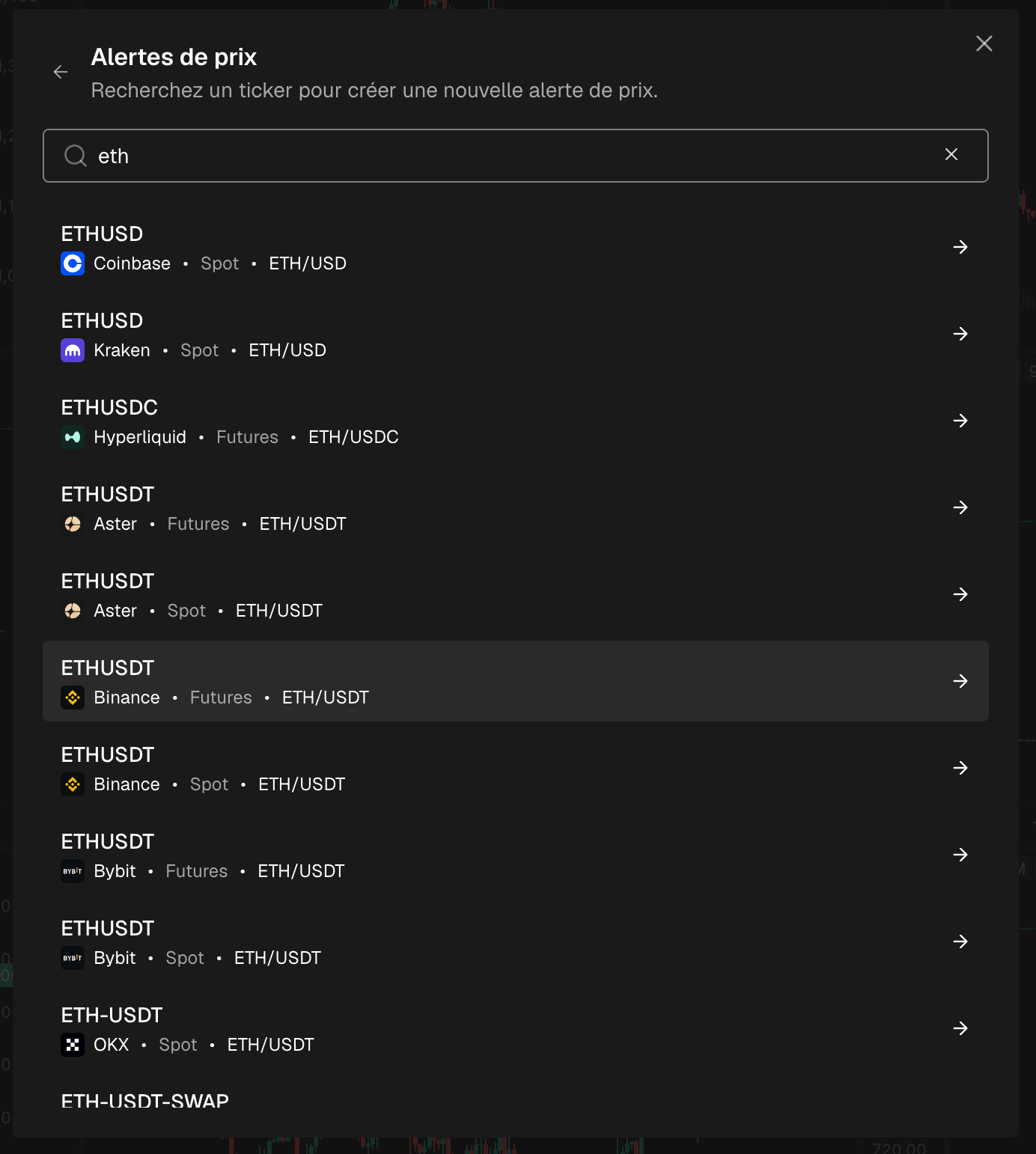 La recherche de ticker dans la fenêtre Alertes de prix, avec quelques cryptos correspondantes