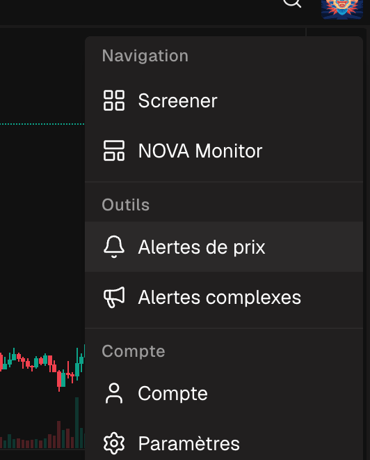 Le menu utilisateur ouvert avec l'entrée Alertes de prix mise en avant