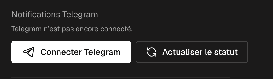 Les réglages du compte avec le bloc Notifications Telegram et le bouton Connecter Telegram